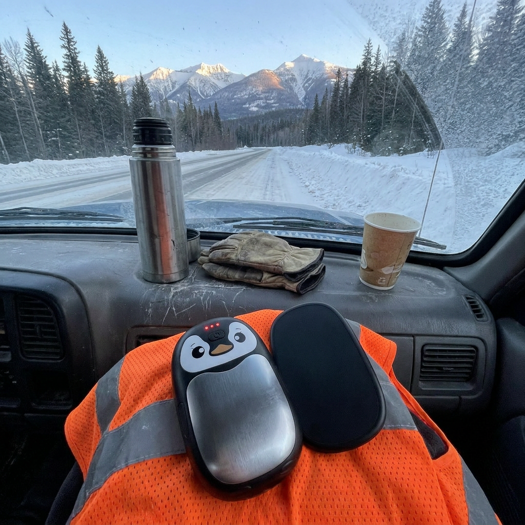 Penguin hand warmer on a hi-vis vest in a work truck