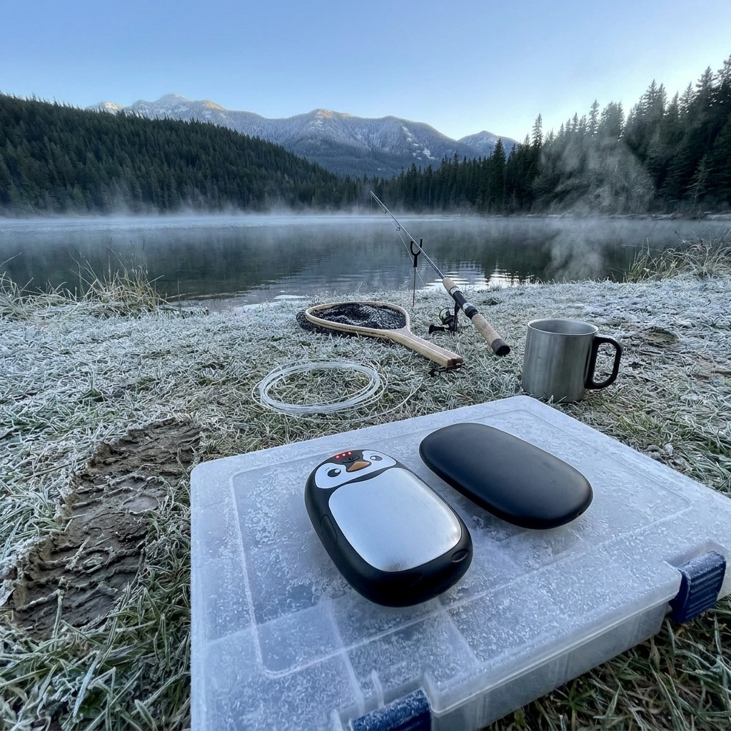 Penguin hand warmer on a tackle box by a frosty lake