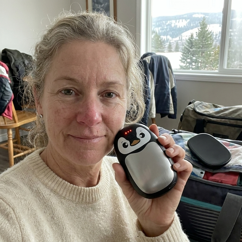 Customer holding the penguin hand warmer before a ski trip