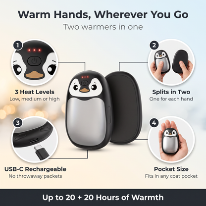 3 heat levels, splits in two, USB-C rechargeable, up to 20 + 20 hours of warmth