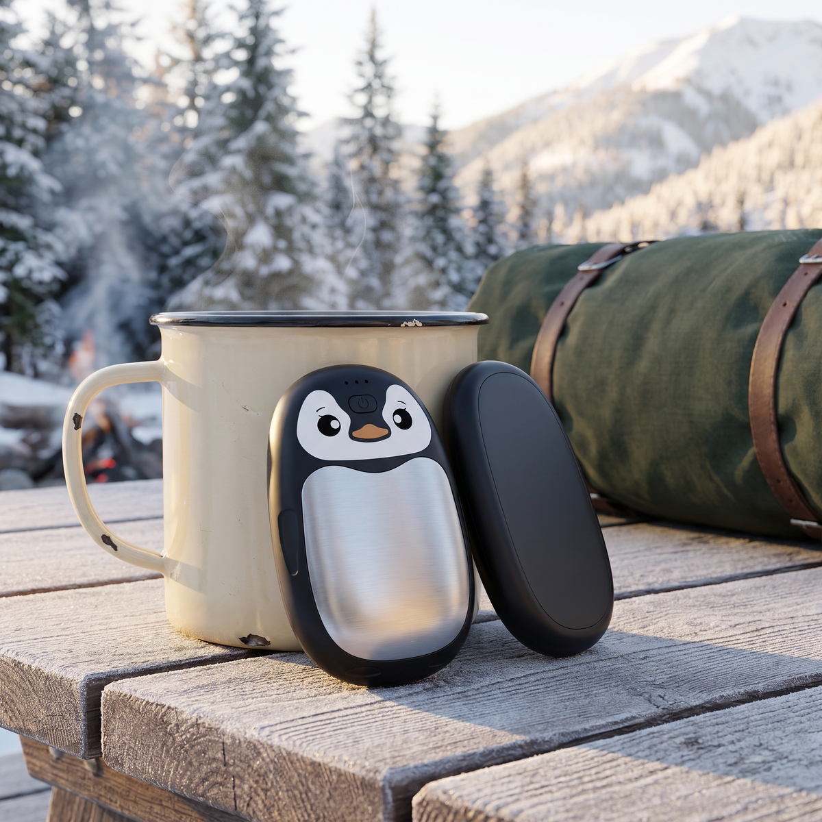 Penguin hand warmer leaning against an enamel camp mug at a snowy winter campsite in the BC mountains