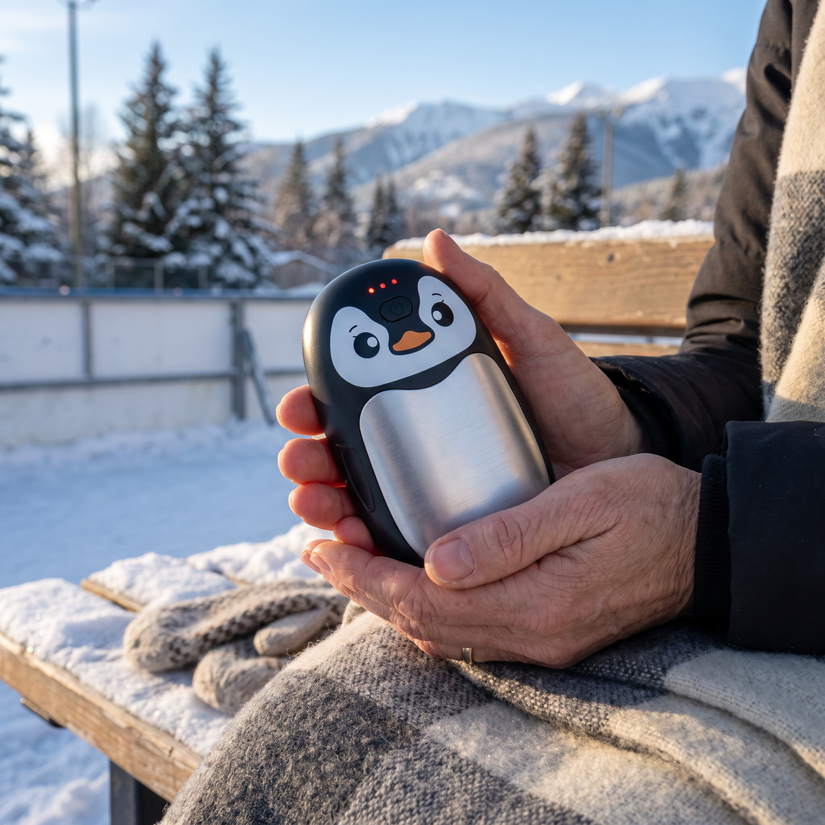 Hands holding the penguin hand warmer beside an outdoor ice rink in a snowy BC mountain town