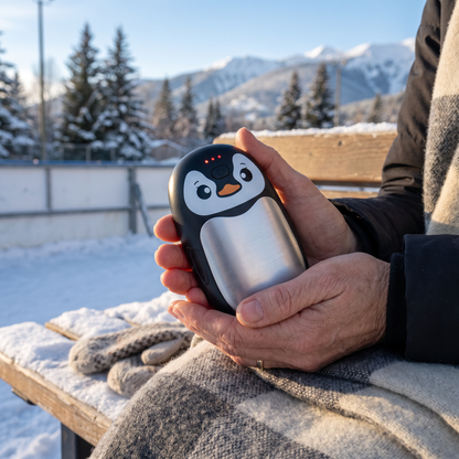 Hands holding the penguin hand warmer beside an outdoor ice rink in a snowy BC mountain town