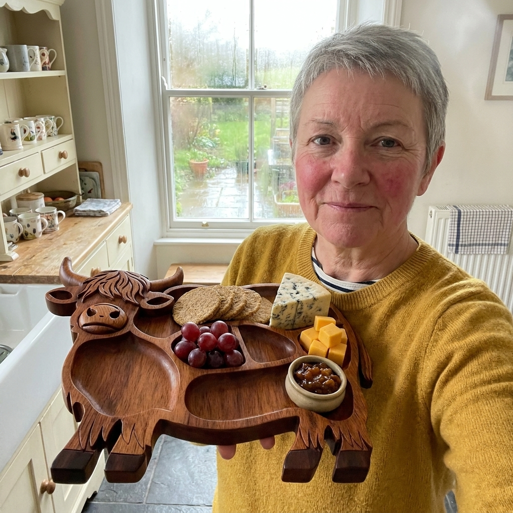 Customer selfie with the Highland Cow tray as a cheeseboard