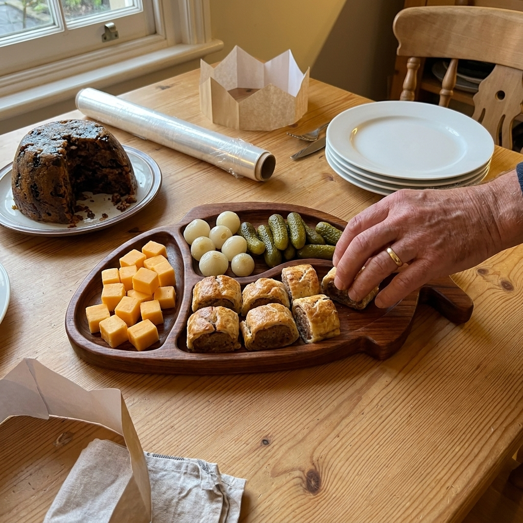 Carp tray with sausage rolls and pickles on a Boxing Day buffet
