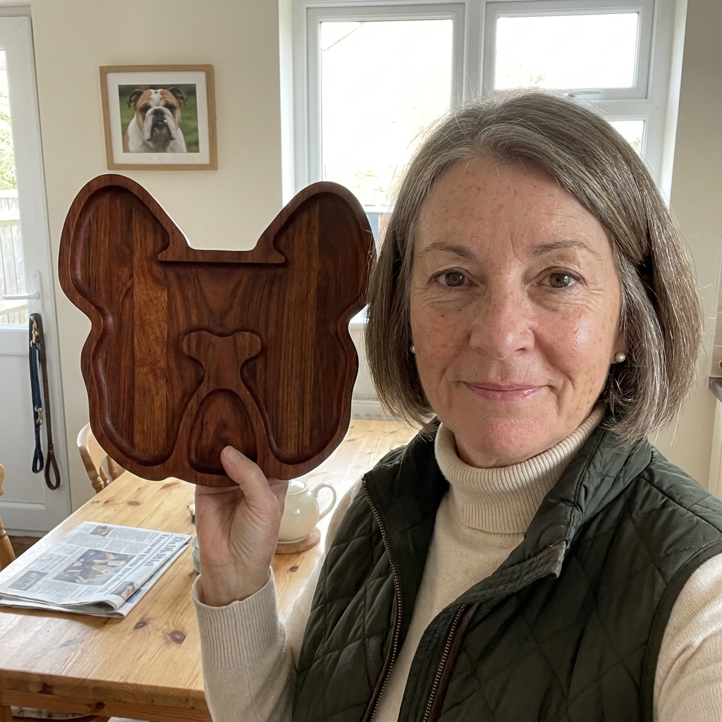 Customer holding up the Bulldog serving tray