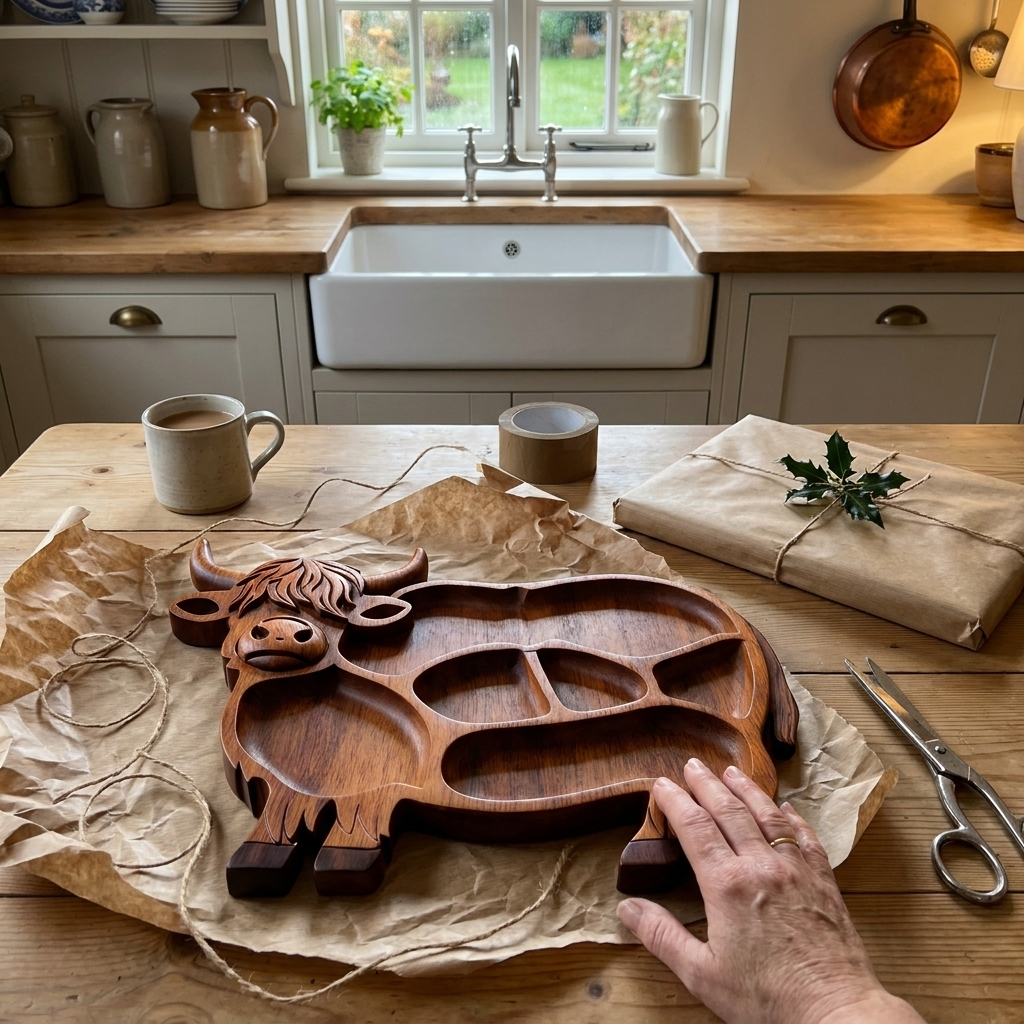 Highland Cow tray freshly unwrapped next to a present