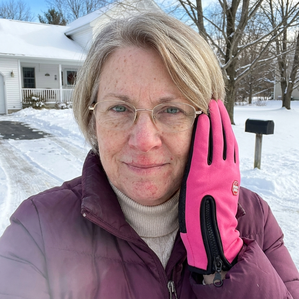 Customer selfie wearing the rose-pink gloves