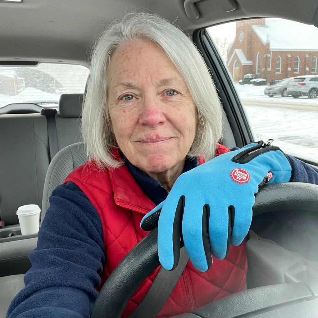 Customer selfie wearing the sky-blue gloves
