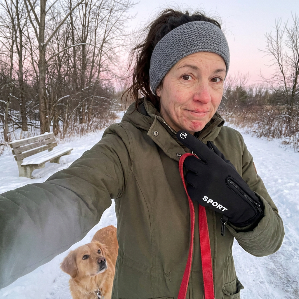 Customer selfie wearing the black Sport gloves while walking the dog