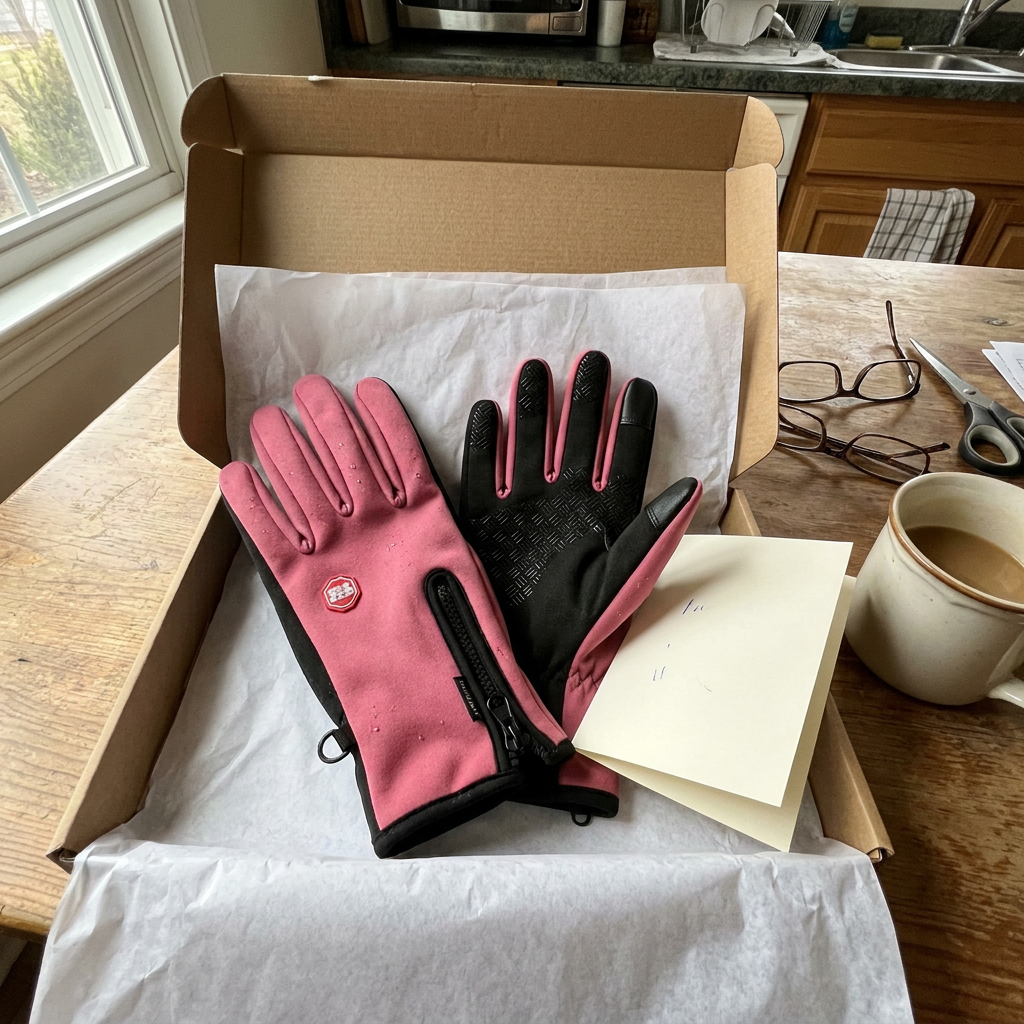 Rose-pink gloves just unboxed with a handwritten card