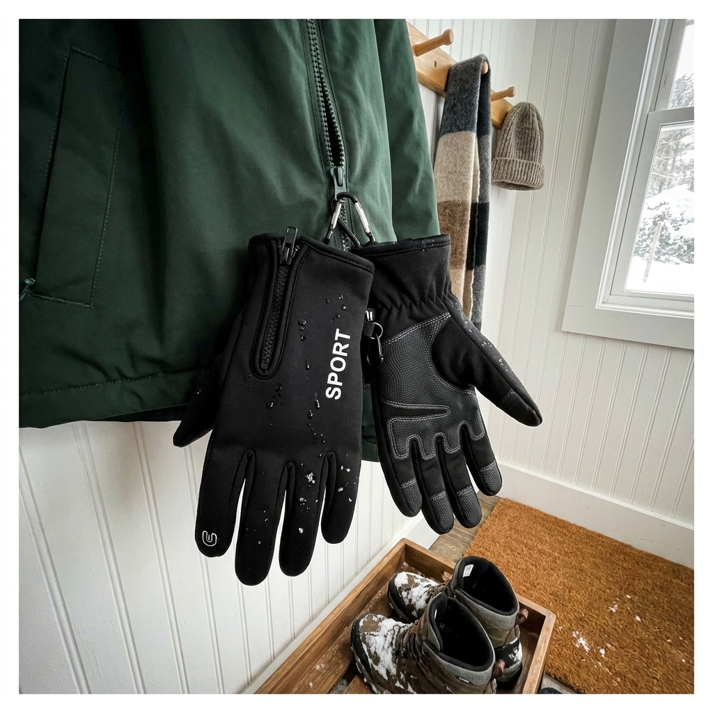 Black Sport gloves clipped to a winter coat