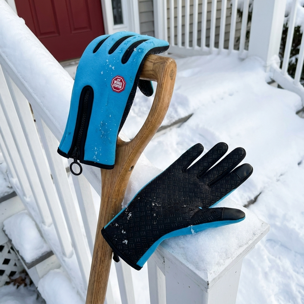 Sky-blue gloves after clearing snow