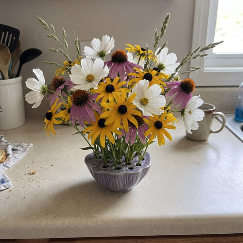 Neva's lotus pod vase in Morning Fog with a single flower