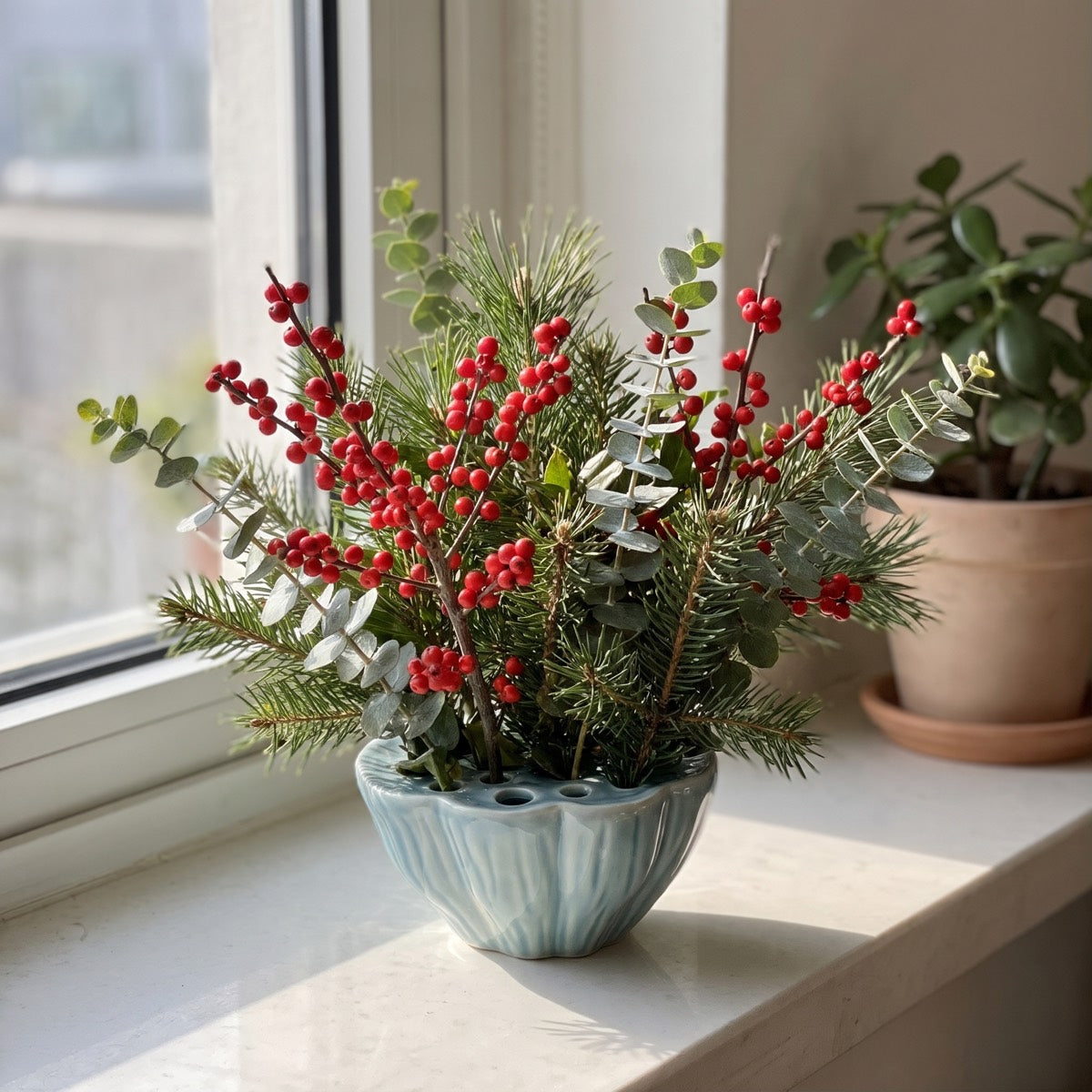 Winterberry branches and pine in the Backwater Blue lotus pod vase