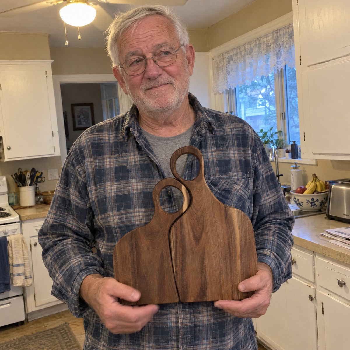 Customer holding the nested walnut board pair