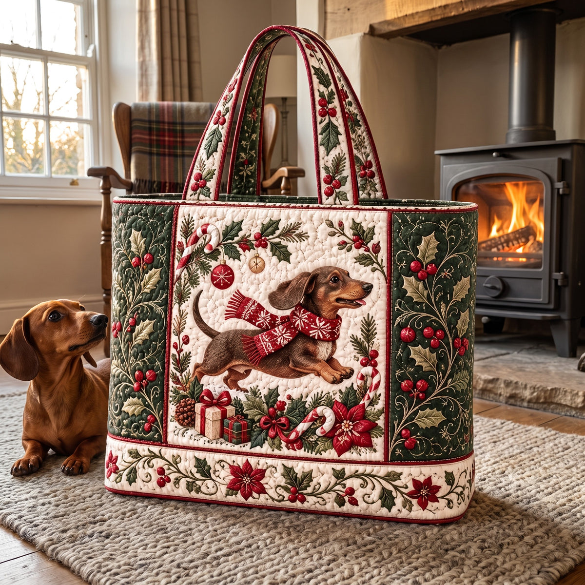 Morwenna's quilted Christmas tote, Dachshund design