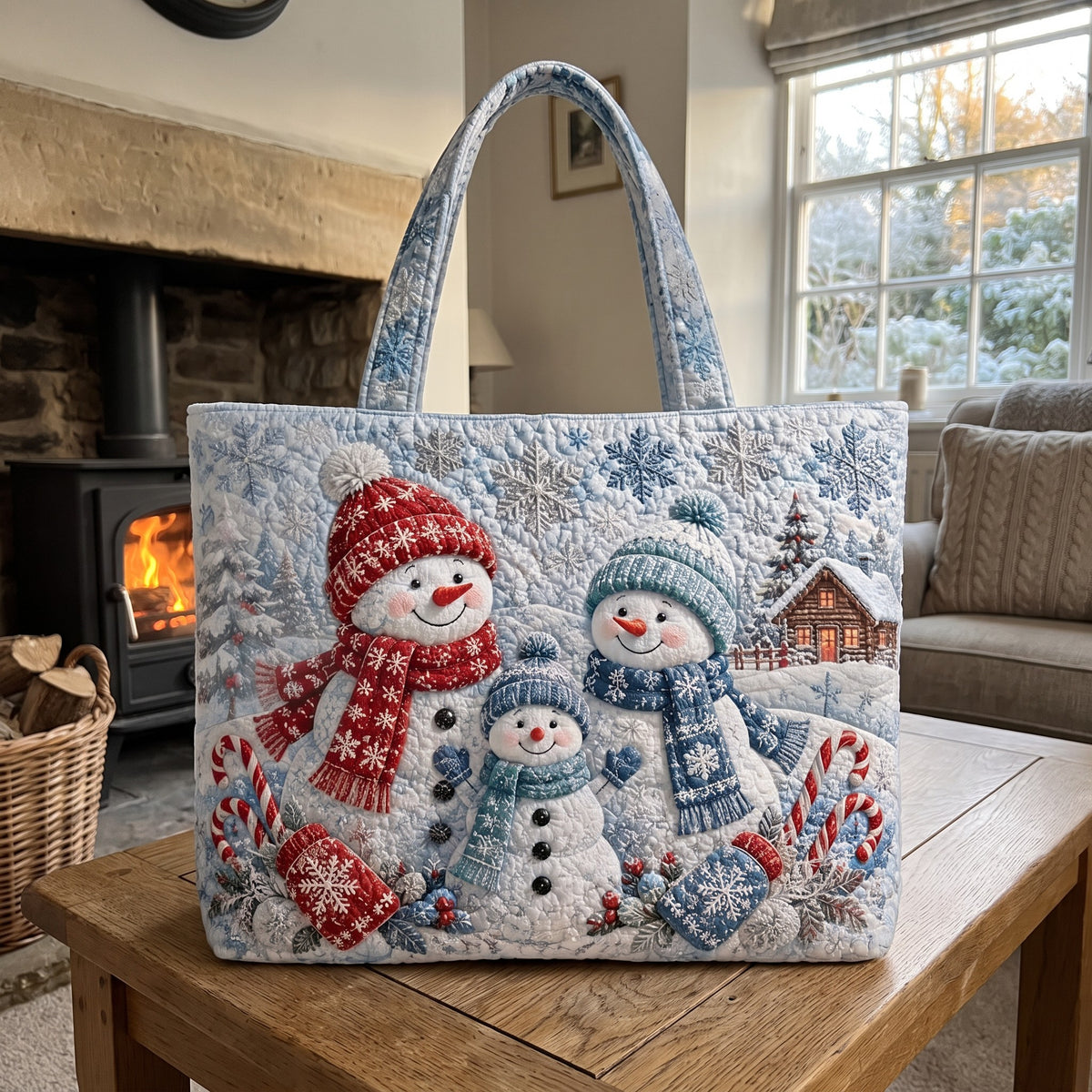 Morwenna's quilted Christmas tote, Snowman Family design