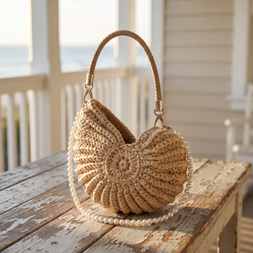 Hand-woven whelk handbag on weathered porch table at sunrise