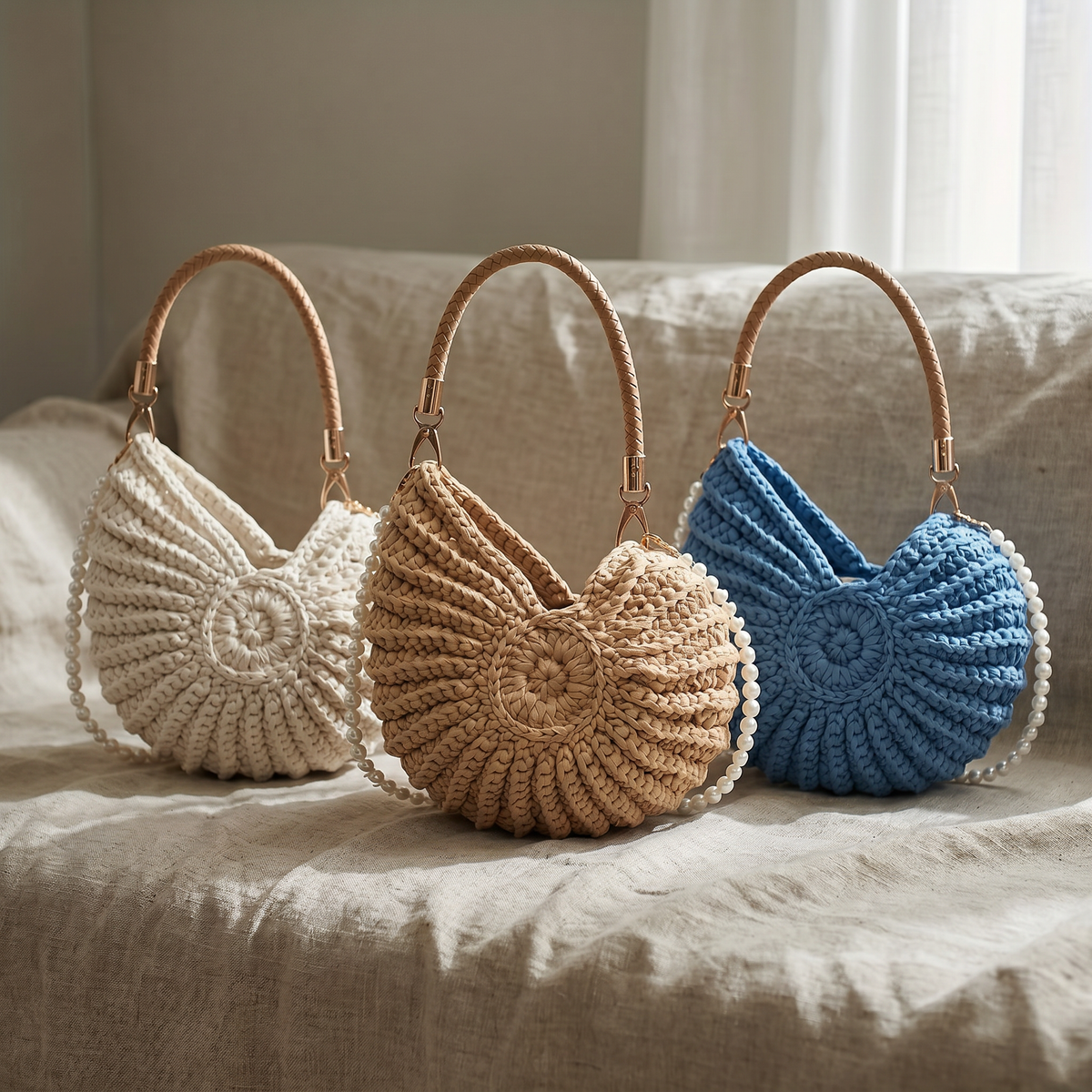 Five color variants of the whelk handbag arranged side by side