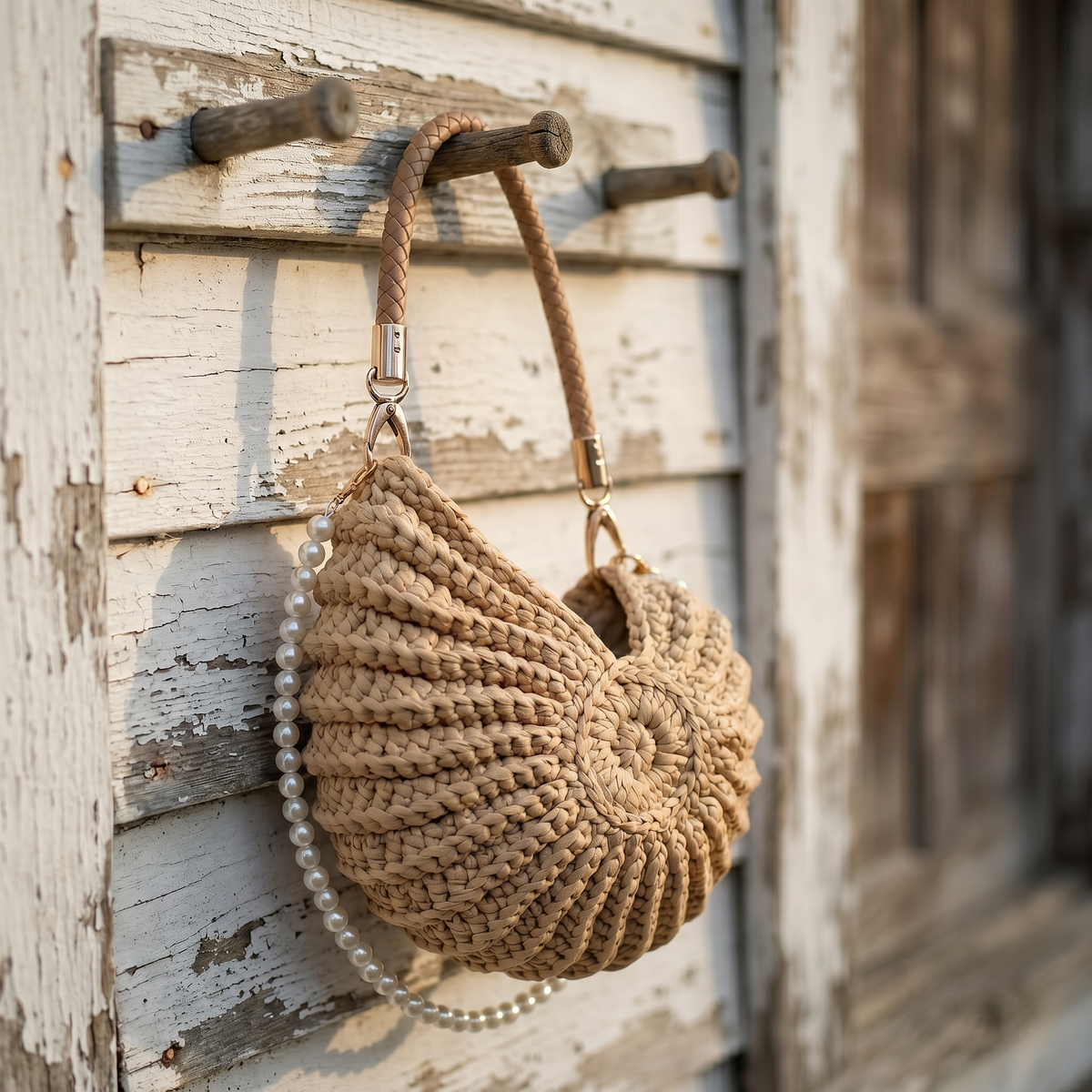 Whelk handbag with both pearl cross-body strap and braided top-handle