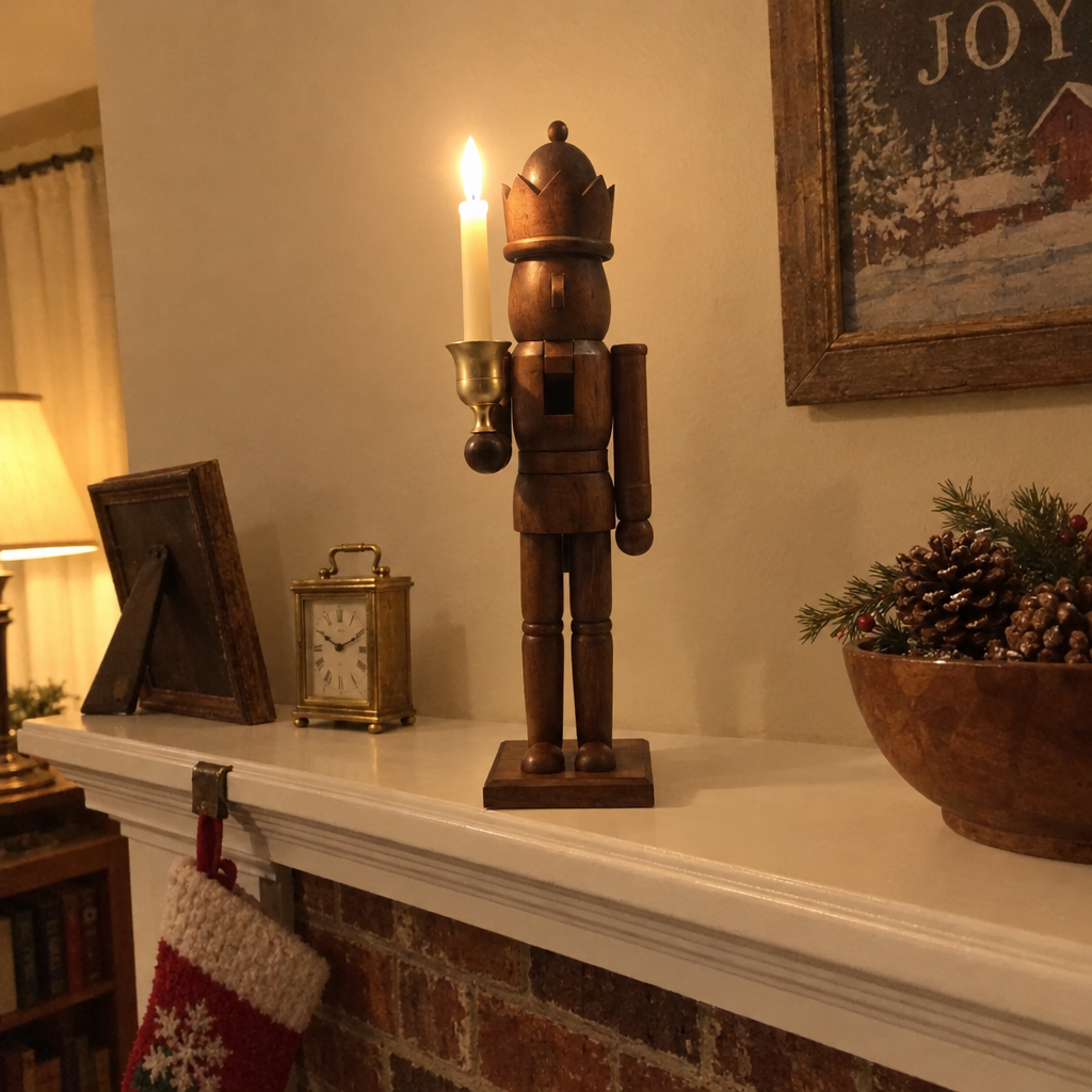 Natural pine nutcracker with a lit candle on a fireplace mantel