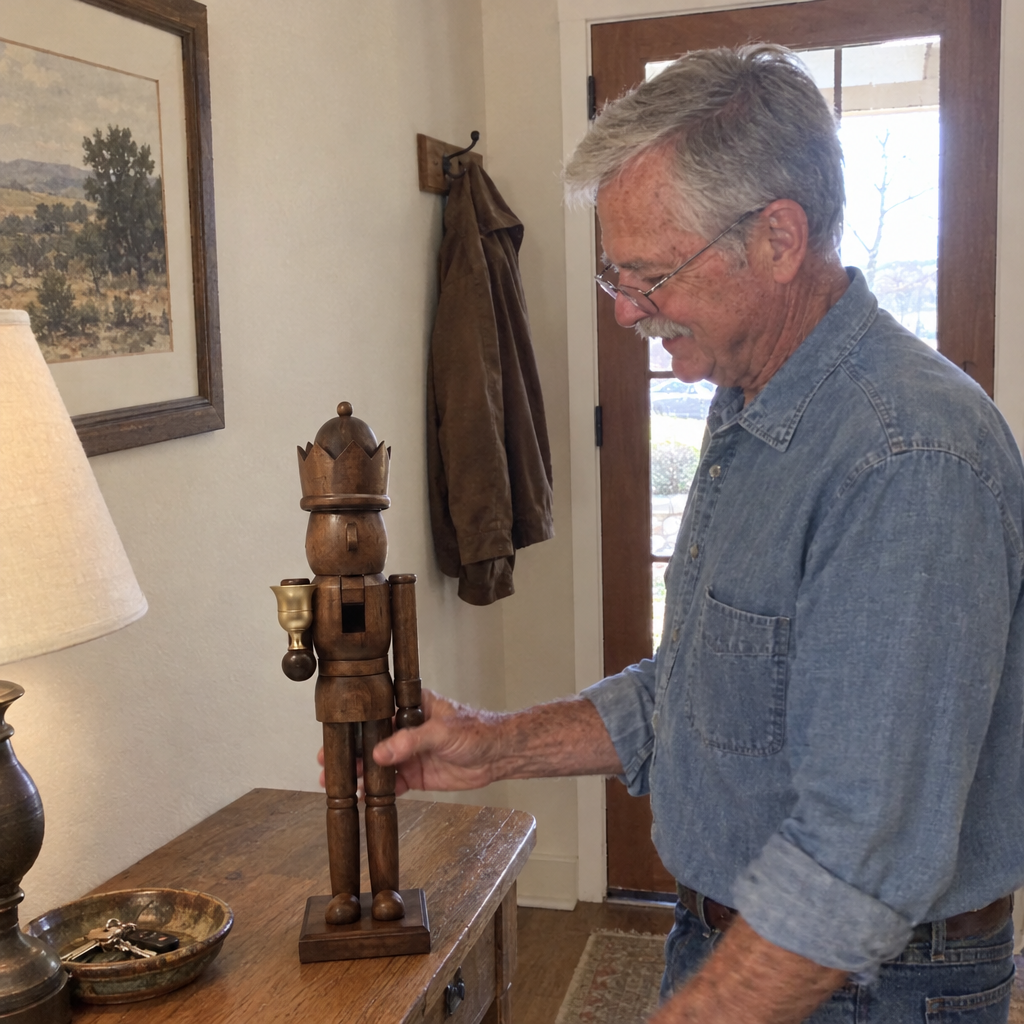 Customer setting the natural pine nutcracker on his hall table