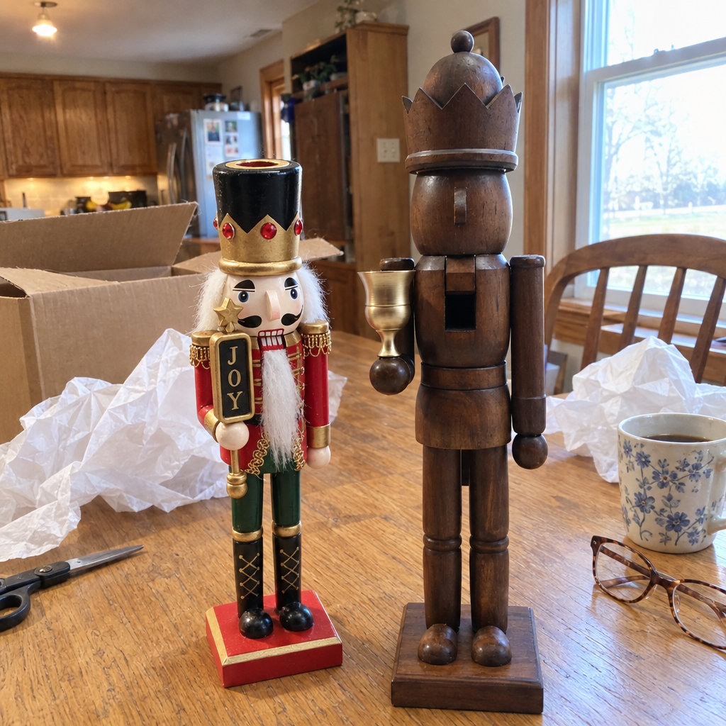 Both nutcrackers unpacked on a kitchen table