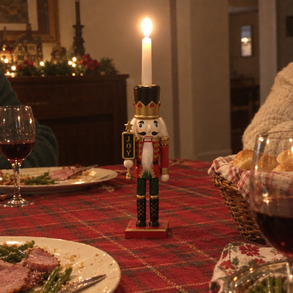 Painted nutcracker with a lit candle on a Christmas Eve dinner table