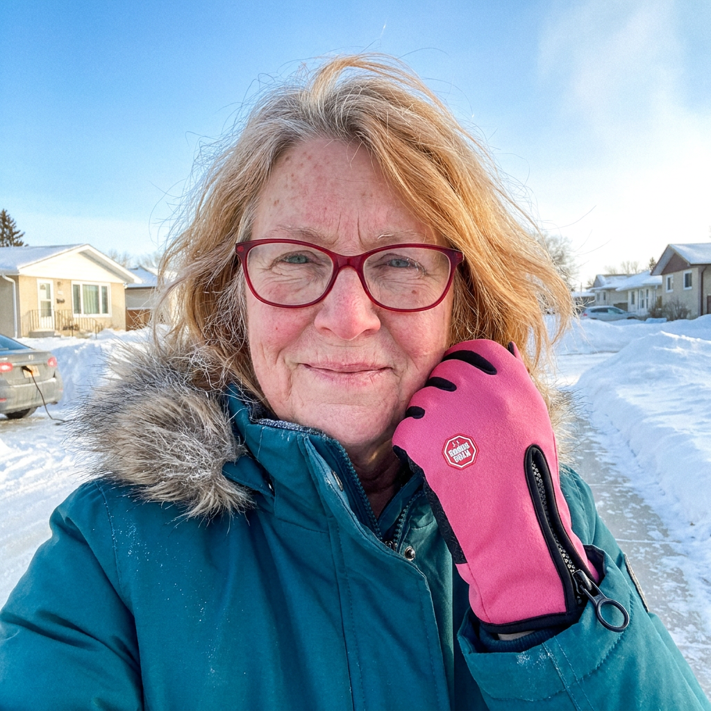 Customer selfie wearing the rose-pink gloves