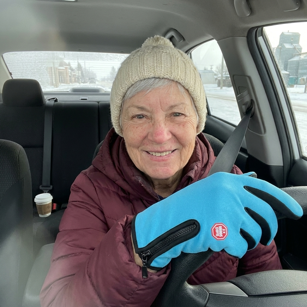 Customer selfie wearing the sky-blue gloves