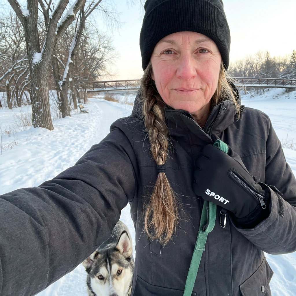 Customer selfie wearing the black Sport gloves while walking the dog