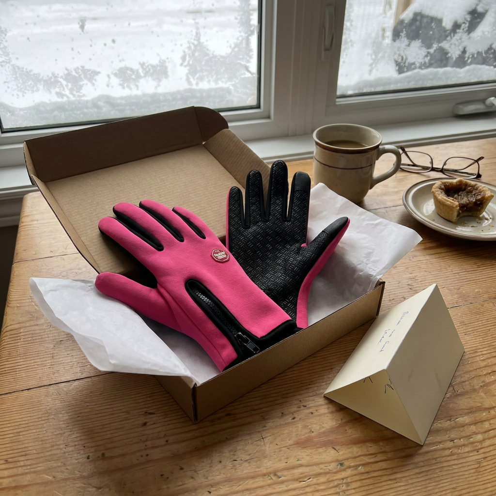 Rose-pink gloves just unboxed with a handwritten card