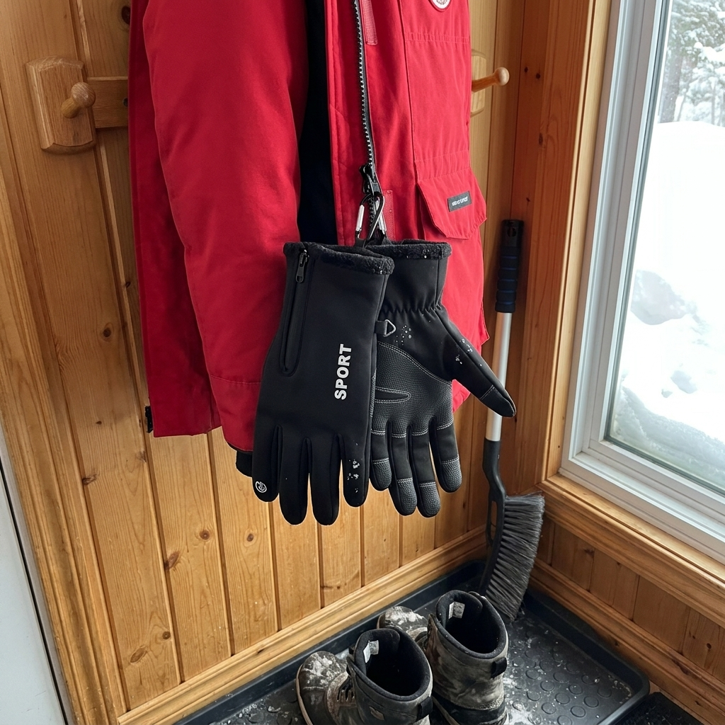 Black Sport gloves clipped to a winter coat
