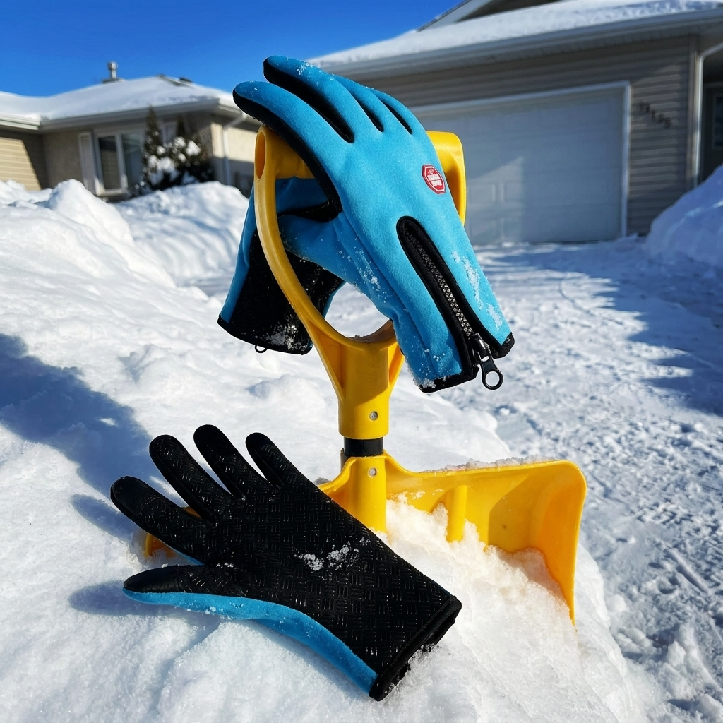Sky-blue gloves after clearing snow