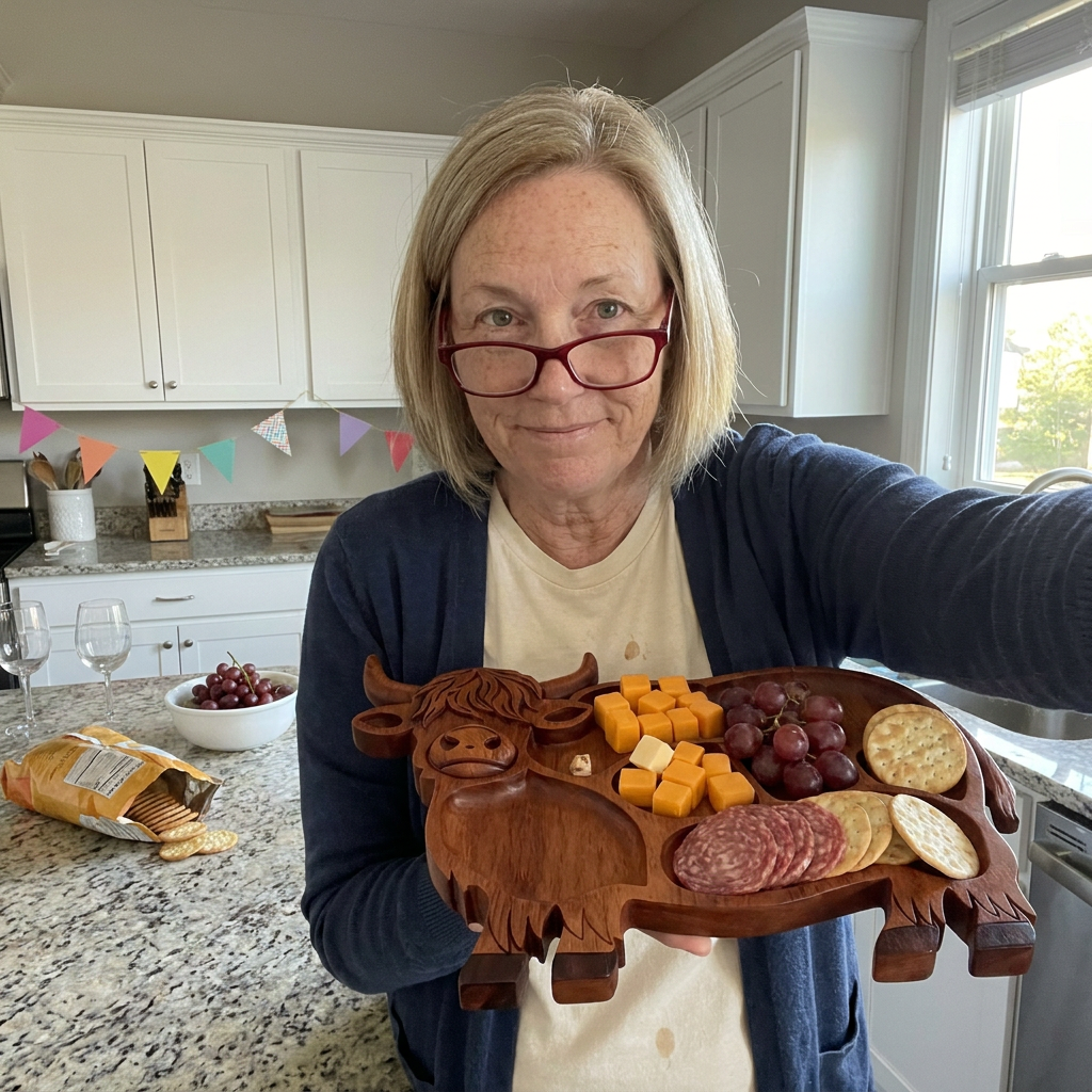 Customer selfie with the Highland Cow serving tray filled with cheese
