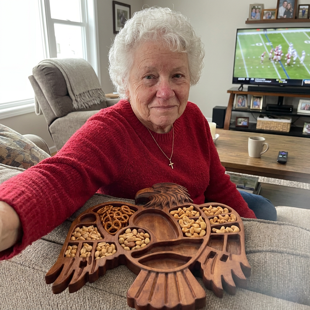 Customer selfie with the Eagle serving tray full of snacks on game day
