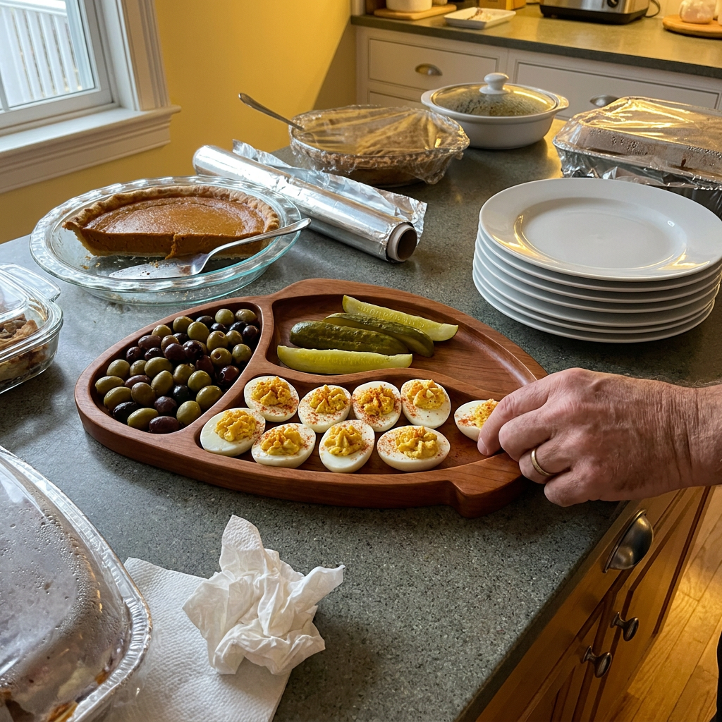 Bass serving tray with deviled eggs and pickles on a holiday buffet