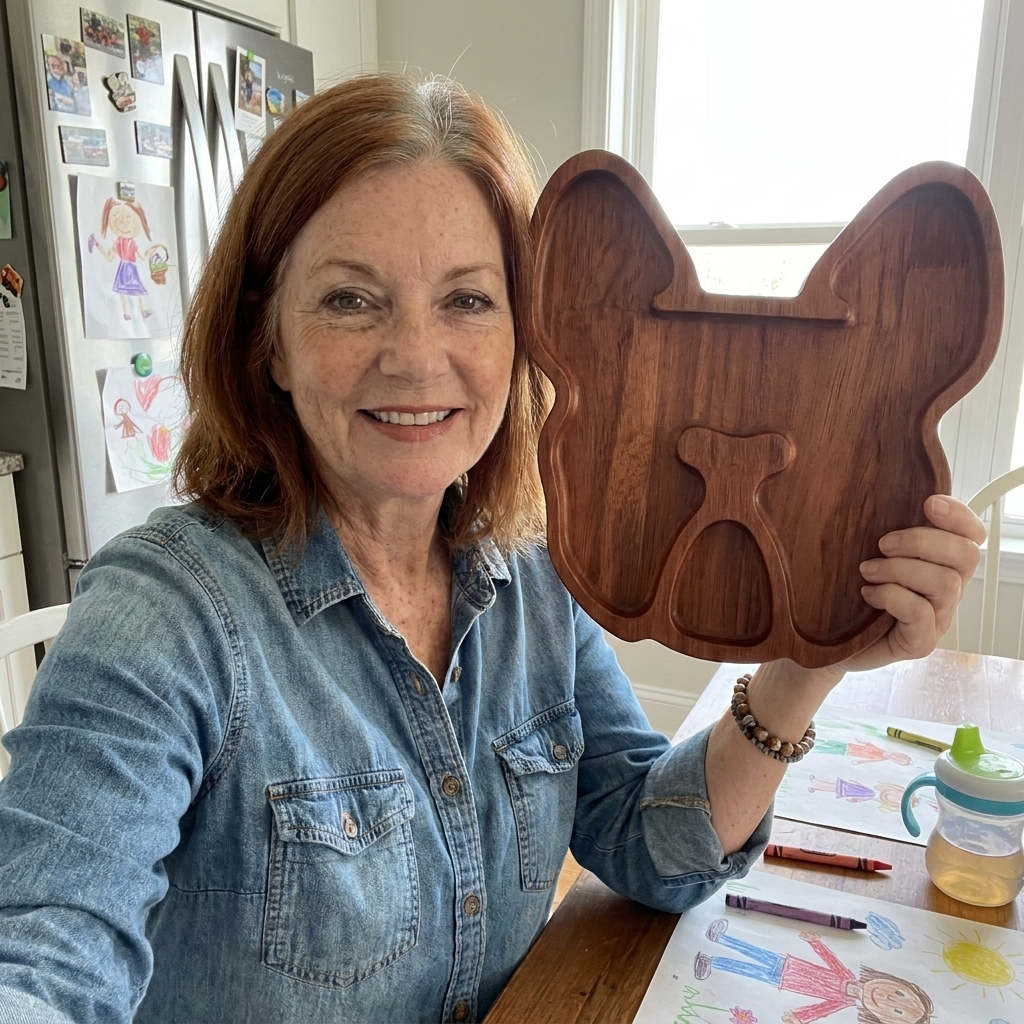 Customer selfie holding up the Bulldog serving tray