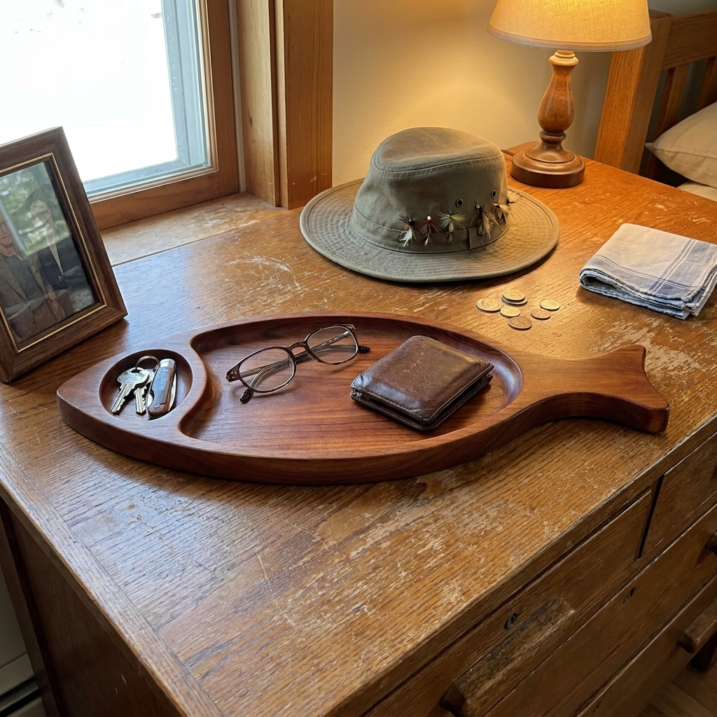 Trout serving tray used as a catch-all on a dresser