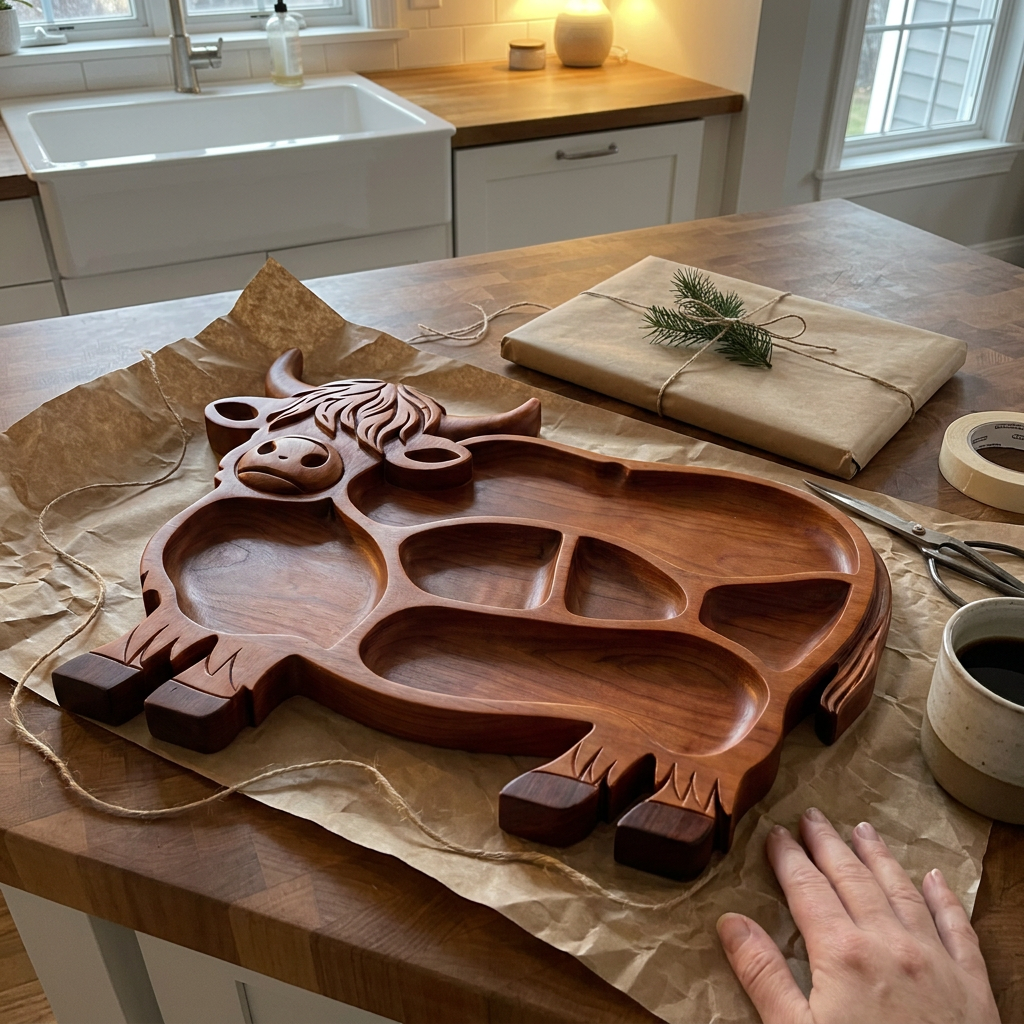 Highland Cow serving tray freshly unwrapped next to a gift