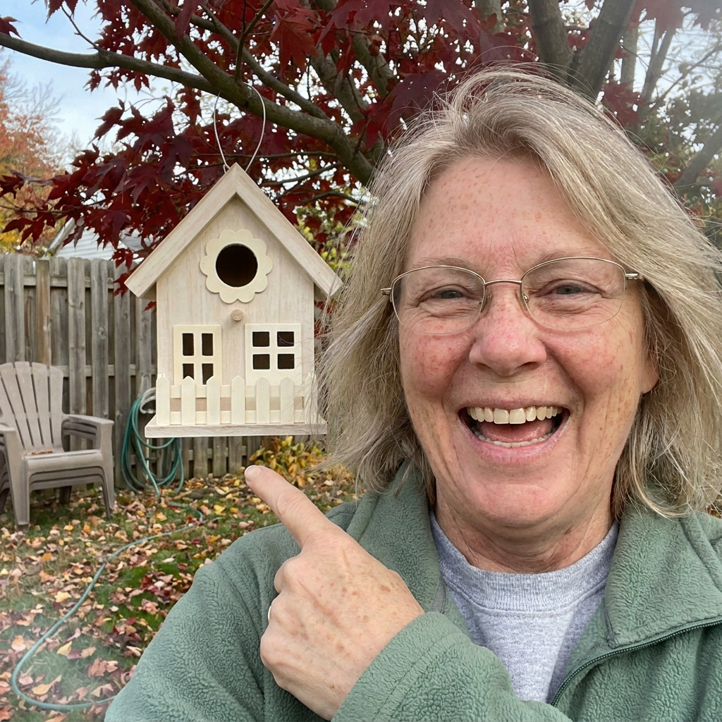 Happy customer with June's Cottage hanging in her maple