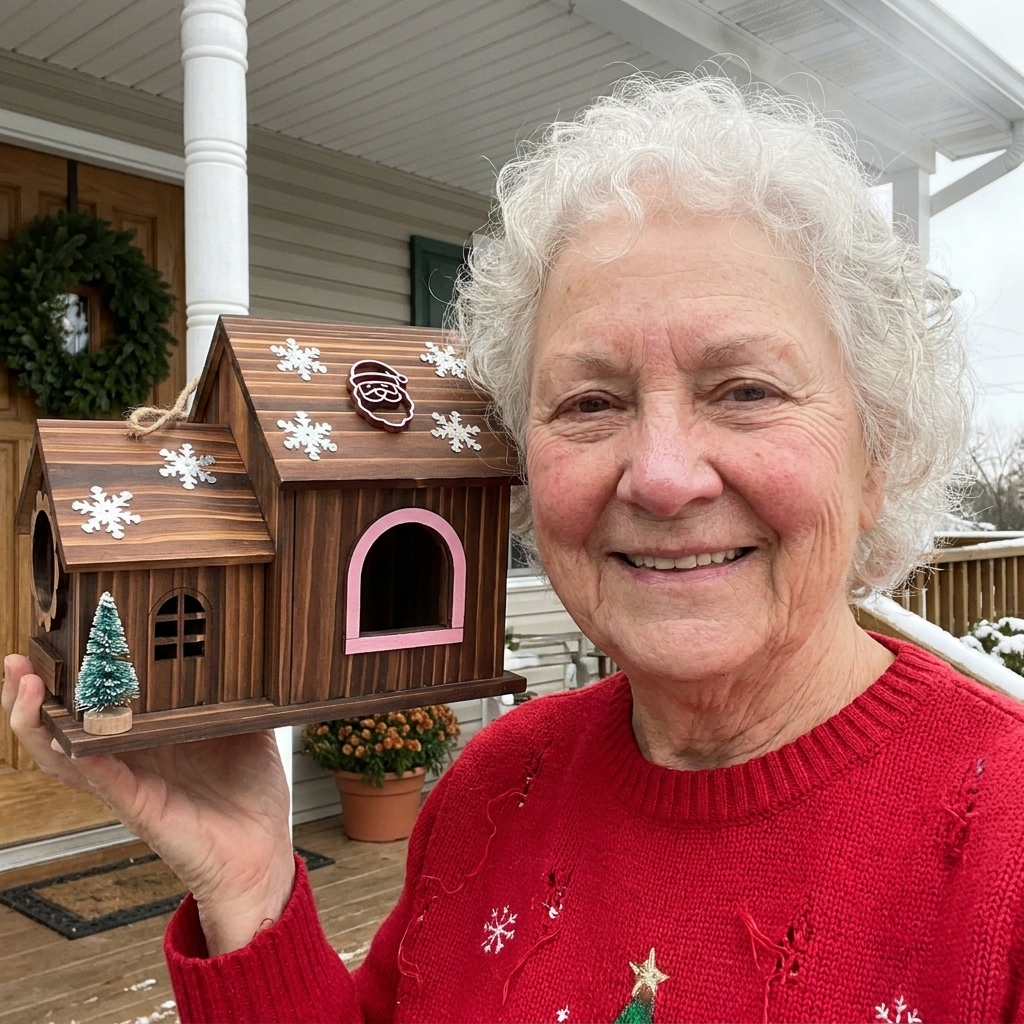 Customer holding the Christmas House on her porch