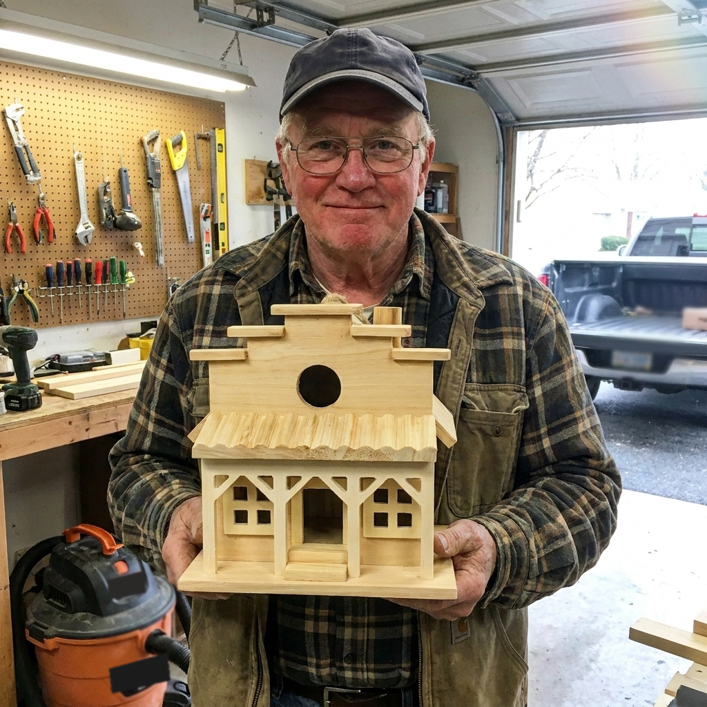 Customer holding the Feed Store birdhouse in his garage