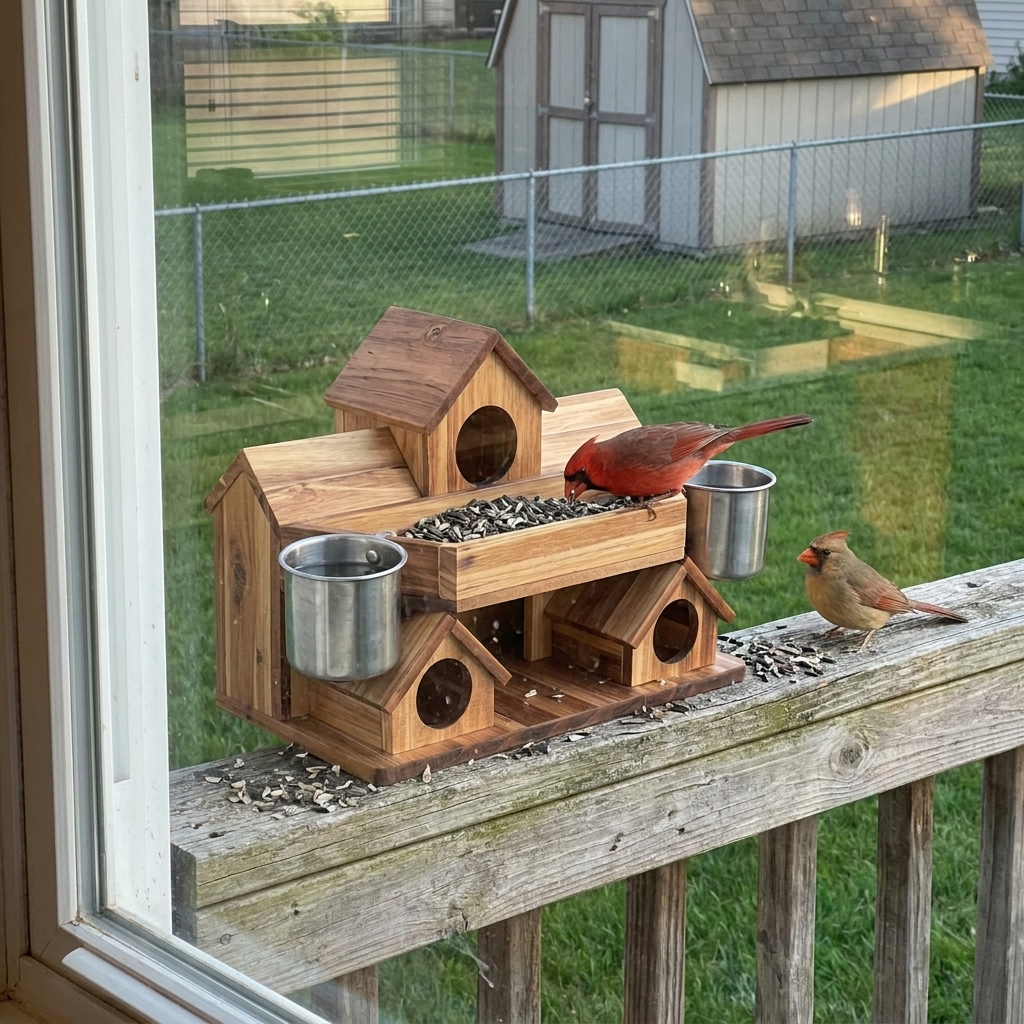 The Supper Table on a deck rail with two cardinals