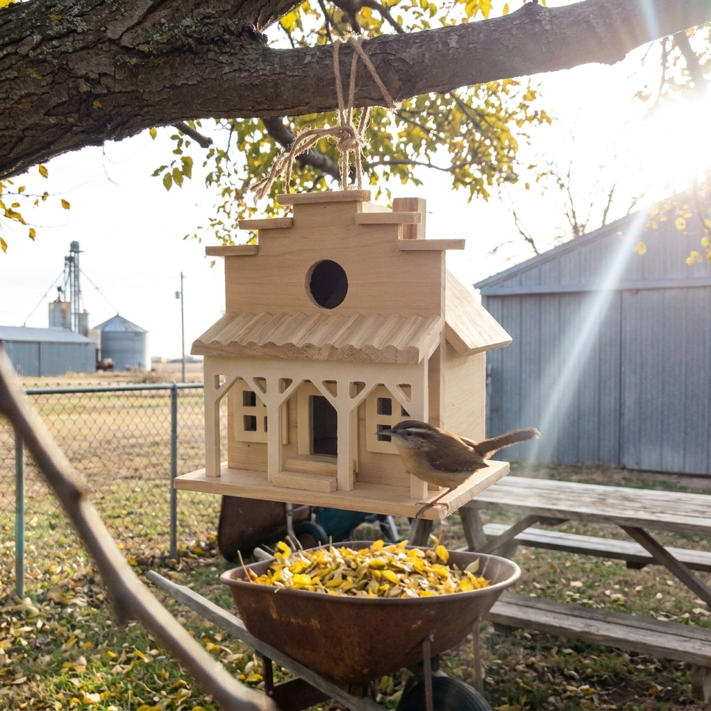 The Feed Store hanging in an elm with a Carolina wren