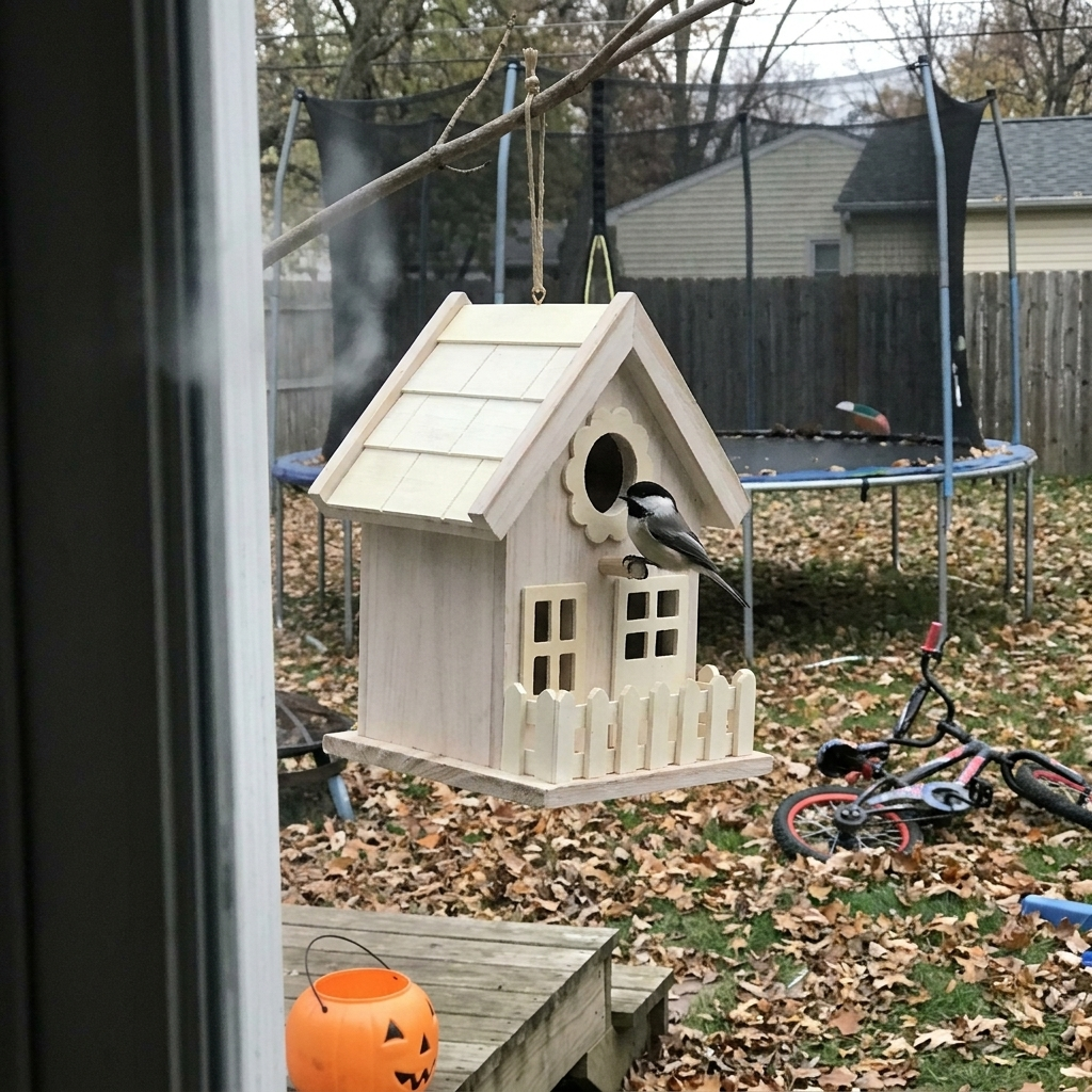 June's Cottage hanging in a backyard maple with a chickadee
