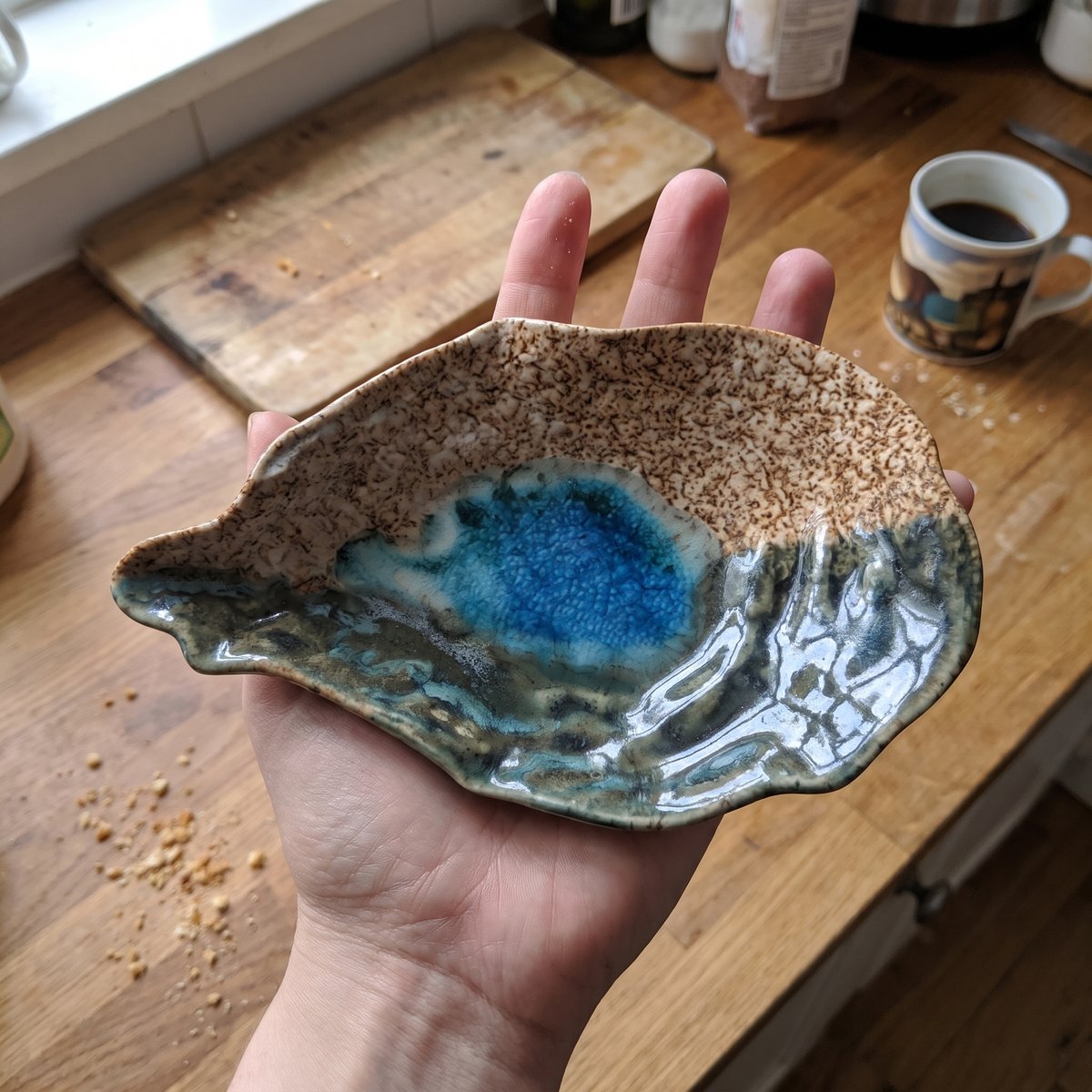 Oyster shell plate held in one hand to show its depth