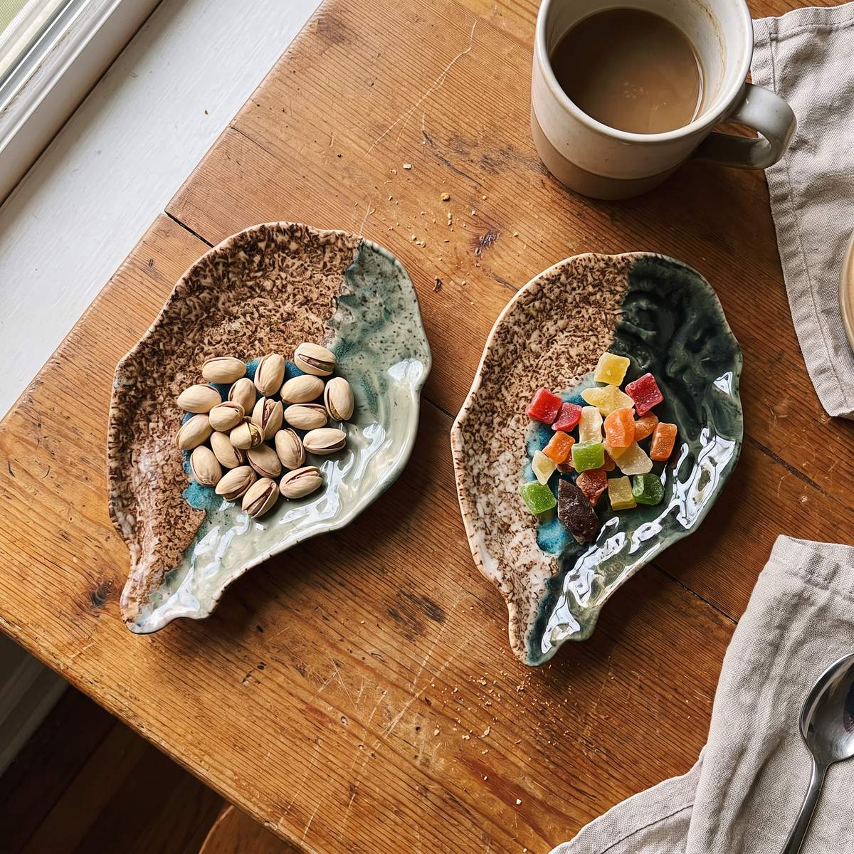 Both glazes side by side with pistachios and candied fruit