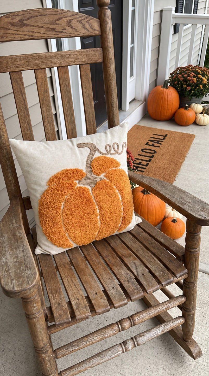 Customer photo of the pumpkin cushion on a porch rocking chair